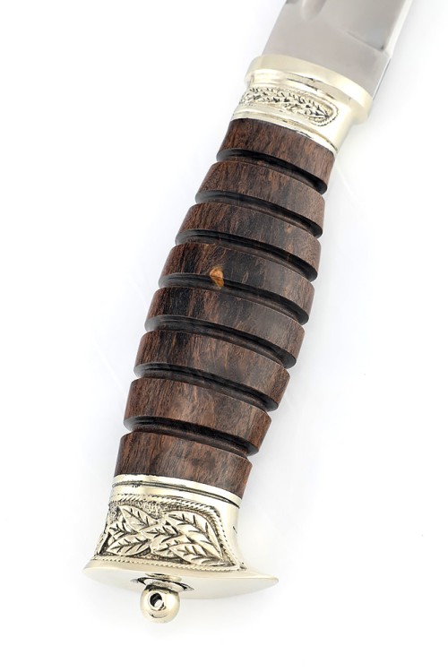 Нож Пластун (казачий пластунский нож) сталь К340, рукоять мельхиор, карельская береза коричневая 