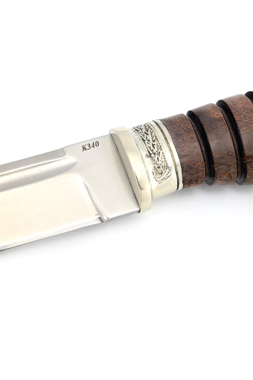 Нож Пластун (казачий пластунский нож) сталь К340, рукоять мельхиор, карельская береза коричневая 