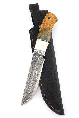 Нож Берсерк дамаск ламинированный, фигурные долы, больстер литьё, вставка кость, стабилизированный кап клёна
