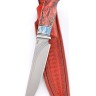 Нож Клык сталь К340, фигурные долы, рукоять зуб мамонта, кап клёна красный, формованные ножны 