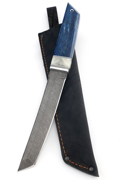 Нож Танто большой дамаск рукоять вставка акрил белый, карельская береза синяя 