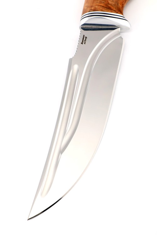 Нож Щучий кованая сталь х12мф-долы, рукоять карельская береза 