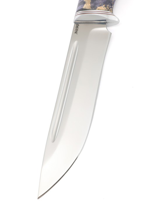 Нож Лось сталь N690 рукоять кап клена фиолетовый, формованные ножны 