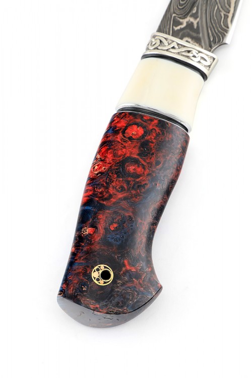 Нож Клык дамаск ламинированный, фигурные долы, больстер литьё, вставка кость, стабилизированный кап клёна 