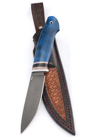 Нож Елец сталь булат рукоять вставка черный граб карельская береза синяя, формованные ножны