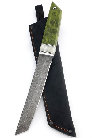 Нож Танто большой дамаск рукоять вставка акрил белый, карельская береза зеленая