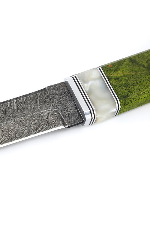 Нож Танто большой дамаск рукоять вставка акрил белый, карельская береза зеленая 