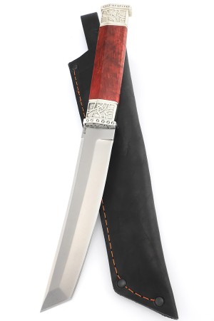 Нож Танто большой сталь К340 рукоять мельхиор, карельская береза красная