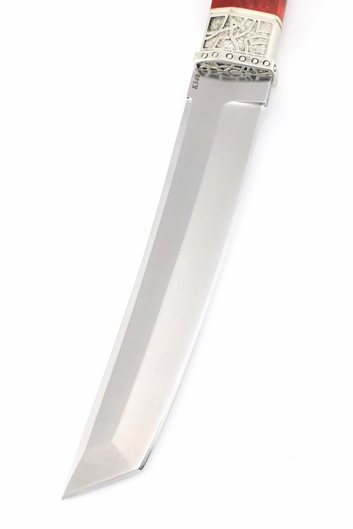 Нож Танто большой сталь К340 рукоять мельхиор, карельская береза красная 