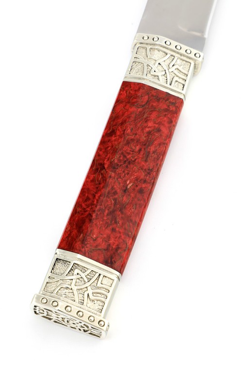 Нож Танто большой сталь К340 рукоять мельхиор, карельская береза красная 