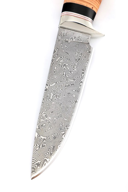 Нож Беркут сталь дамаск нержавеющий, рукоять мельхиор, береста 