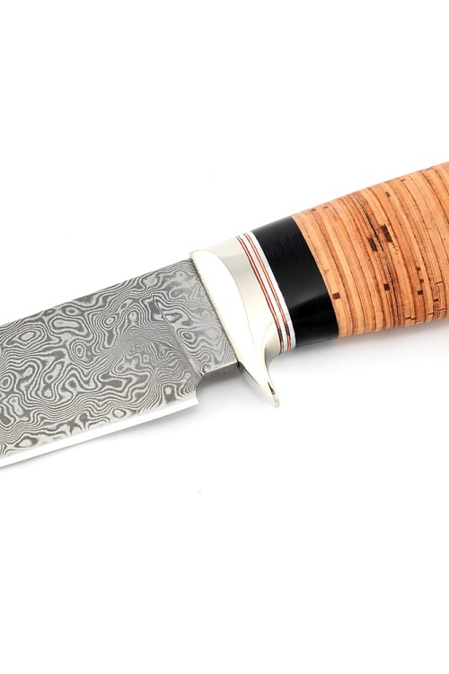 Нож Беркут сталь дамаск нержавеющий, рукоять мельхиор, береста 