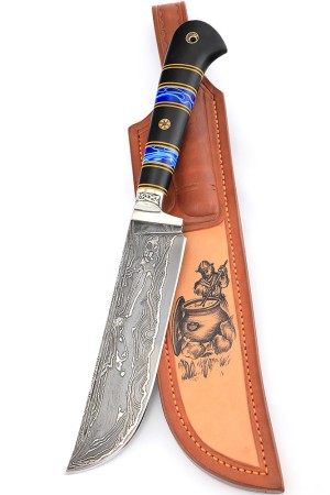 Нож узбекский-2 дамаск ламинированный рукоять наборная, мельхиор, вставка акрил синий, черный граб ФОРМОВАННЫЕ НОЖНЫ
