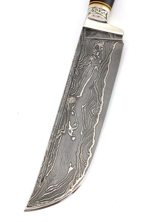 Нож узбекский-2 дамаск ламинированный рукоять наборная, мельхиор, вставка акрил синий, черный граб ФОРМОВАННЫЕ НОЖНЫ  Нож узбекский-2 дамаск ламинированный рукоять наборная, мельхиор, вставка акрил синий, черный граб ФОРМОВАННЫЕ НОЖНЫ