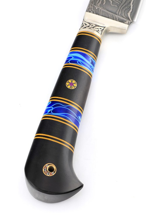 Нож узбекский-2 дамаск ламинированный рукоять наборная, мельхиор, вставка акрил синий, черный граб ФОРМОВАННЫЕ НОЖНЫ  Нож узбекский-2 дамаск ламинированный рукоять наборная, мельхиор, вставка акрил синий, черный граб ФОРМОВАННЫЕ НОЖНЫ