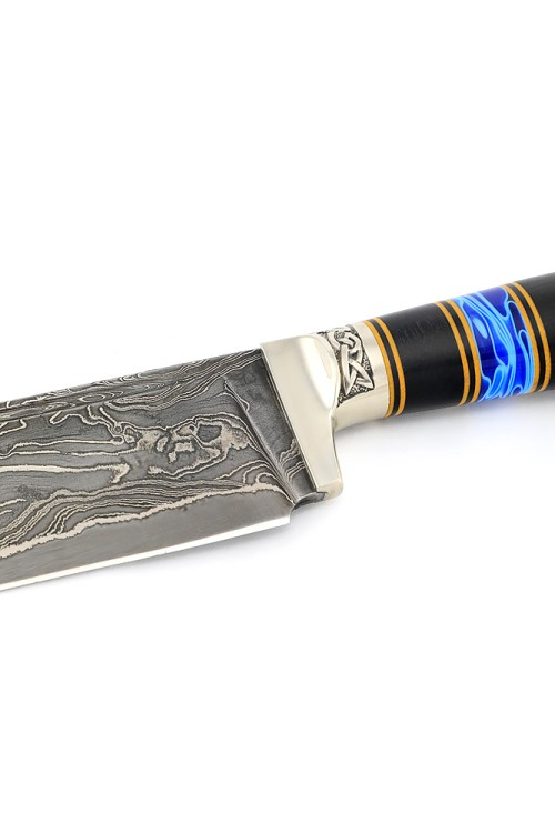 Нож узбекский-2 дамаск ламинированный рукоять наборная, мельхиор, вставка акрил синий, черный граб ФОРМОВАННЫЕ НОЖНЫ  Нож узбекский-2 дамаск ламинированный рукоять наборная, мельхиор, вставка акрил синий, черный граб ФОРМОВАННЫЕ НОЖНЫ