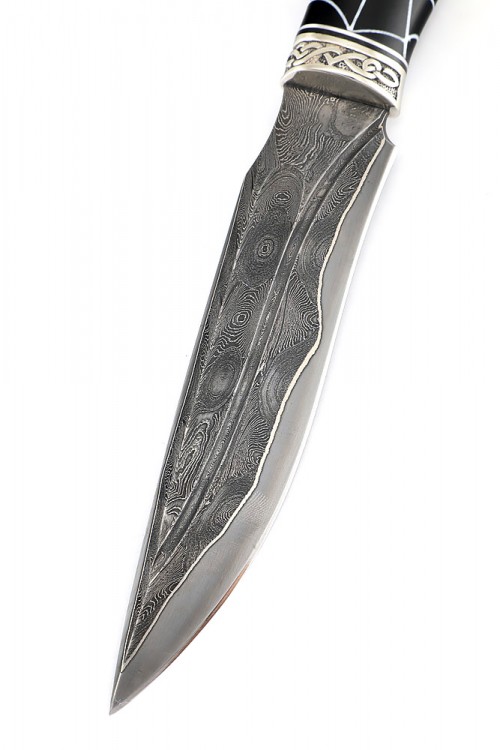 Нож Хищник дамаск ламинированный, фигурные долы, больстер литьё, акрил паутина 