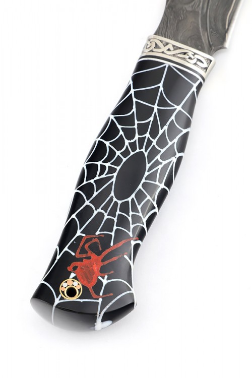 Нож Хищник дамаск ламинированный, фигурные долы, больстер литьё, акрил паутина 