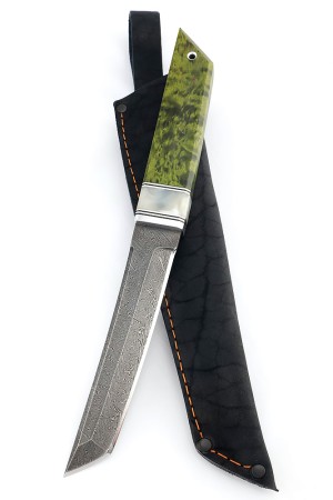 Нож Танто малый дамаск рукоять вставка акрил белый, карельская береза зеленая