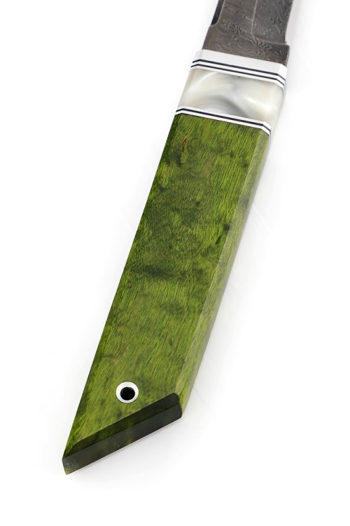 Нож Танто малый дамаск рукоять вставка акрил белый, карельская береза зеленая 