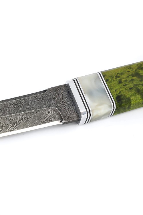 Нож Танто малый дамаск рукоять вставка акрил белый, карельская береза зеленая 