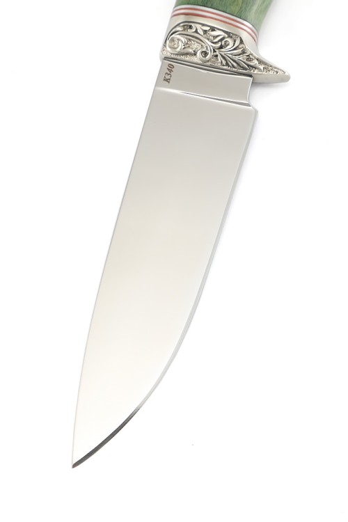 Нож Беркут сталь К340 рукоять мельхиор, карельская береза зеленая 