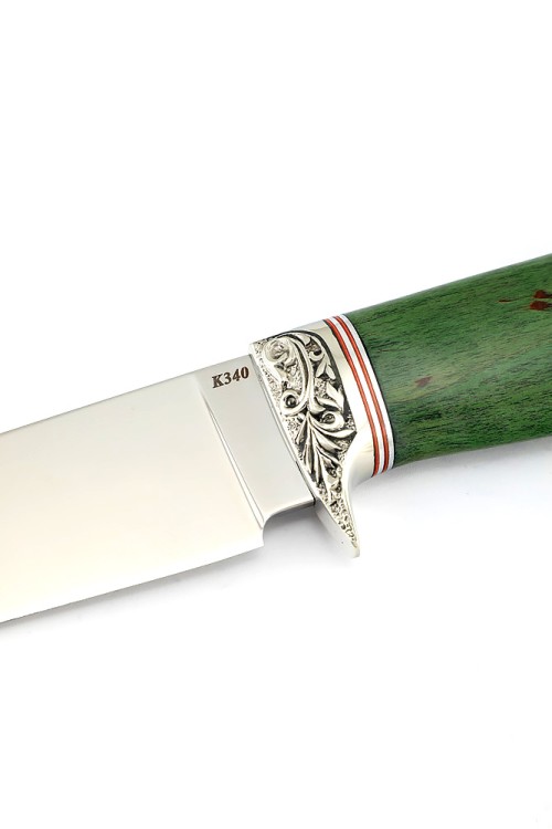 Нож Беркут сталь К340 рукоять мельхиор, карельская береза зеленая 