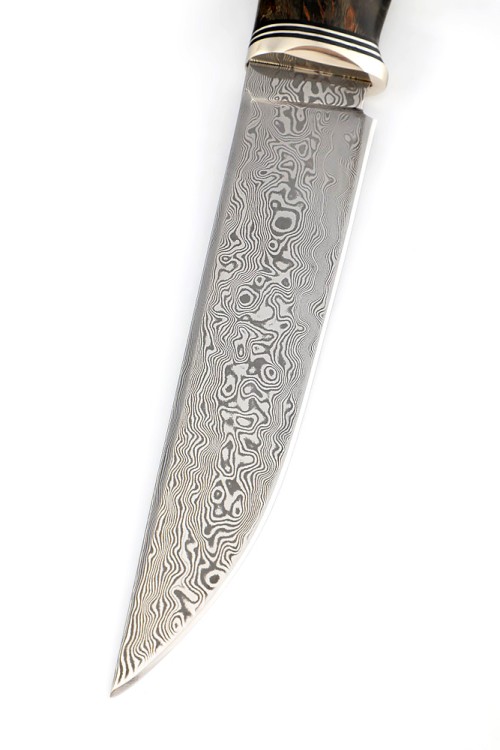 Нож Разделочный сталь дамаск нержавеющий, рукоять мельхиор, кап клена черный 