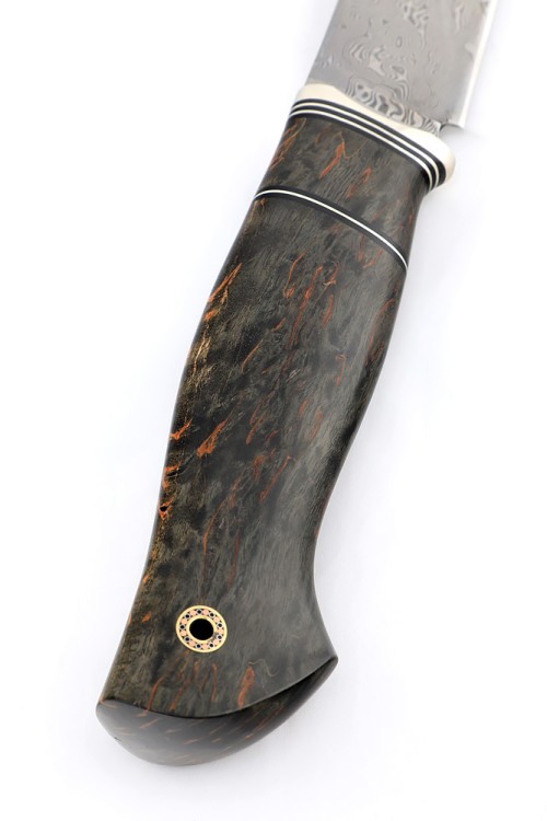 Нож Разделочный сталь дамаск нержавеющий, рукоять мельхиор, кап клена черный 