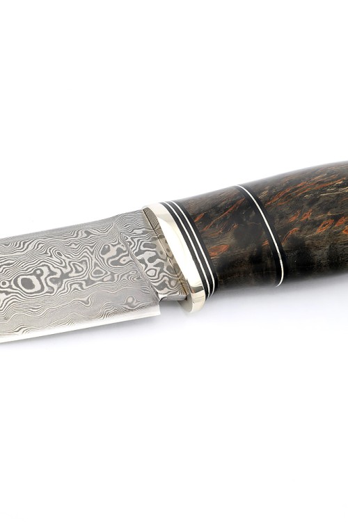 Нож Разделочный сталь дамаск нержавеющий, рукоять мельхиор, кап клена черный 