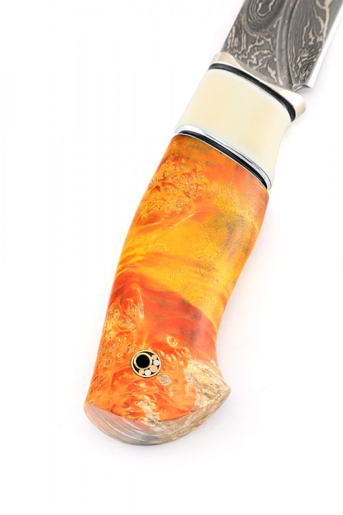 Нож Охотничий-2 дамаск ламинированный, фигурные долы, больстер нейзельбер, вставка кость, стабилизированный кап клёна 