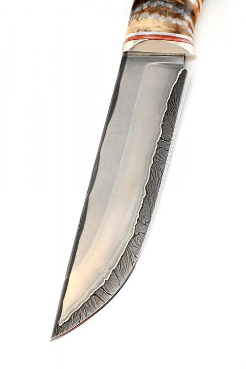 Нож Берсерк дамаск ламинированный вставка зуб мамонта карельская береза коричневая 