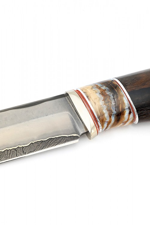 Нож Берсерк дамаск ламинированный вставка зуб мамонта карельская береза коричневая 