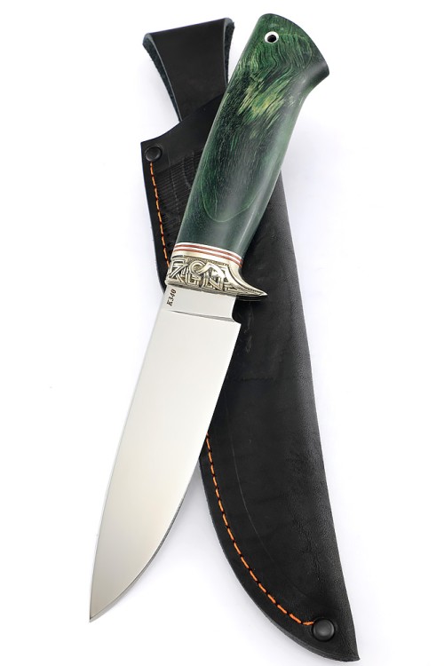 Нож Беркут сталь К340 рукоять мельхиор, кап клена зеленый 