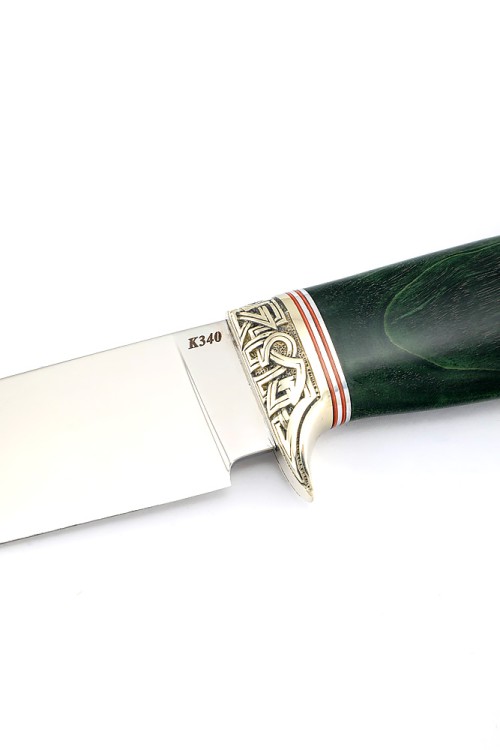 Нож Беркут сталь К340 рукоять мельхиор, кап клена зеленый 