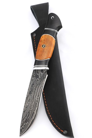 Нож Барс 9ХС ламинированная дамаск с никелем фигурные долы-камень, рукоять черный граб, карельская береза, авторский пин