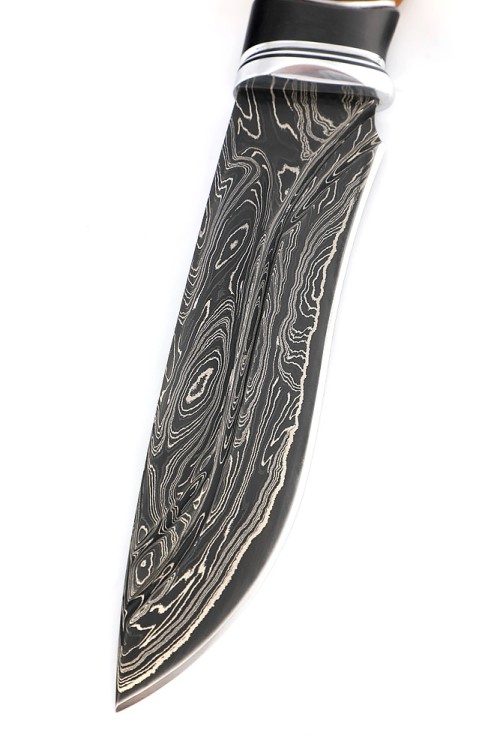 Нож Барс 9ХС ламинированная дамаск с никелем фигурные долы-камень, рукоять черный граб, карельская береза, авторский пин 