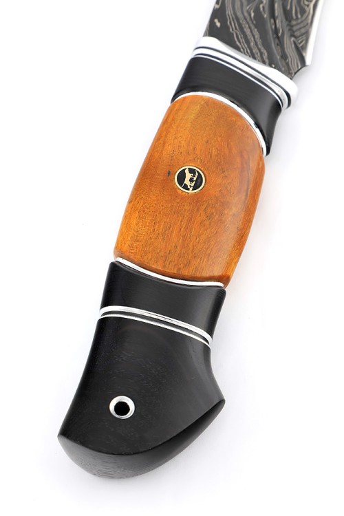 Нож Барс 9ХС ламинированная дамаск с никелем фигурные долы-камень, рукоять черный граб, карельская береза, авторский пин 