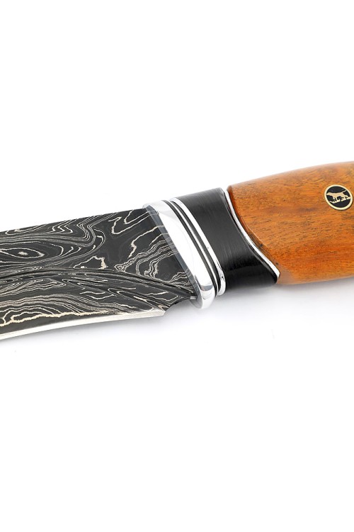 Нож Барс 9ХС ламинированная дамаск с никелем фигурные долы-камень, рукоять черный граб, карельская береза, авторский пин 