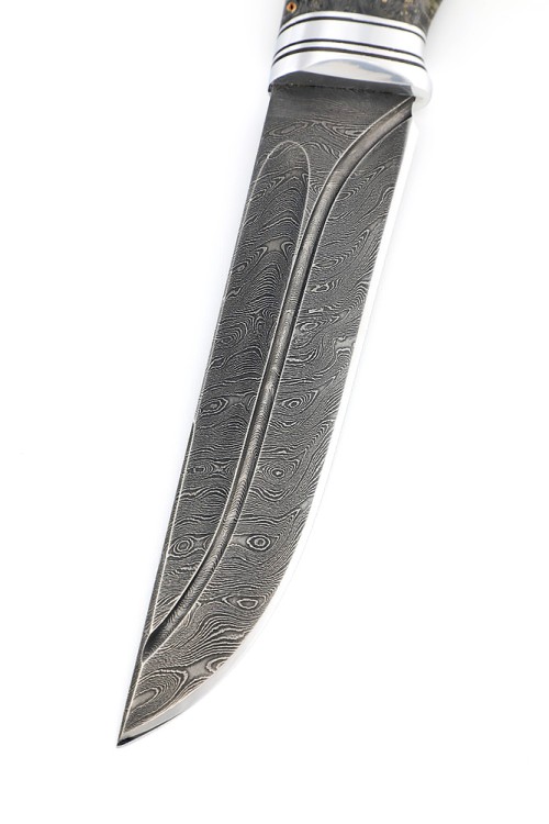 Нож Путник сталь дамаск-долы рукоять стабилизированный кап клена серый 