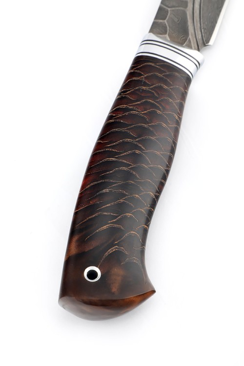 Нож Перун сталь дамаск фигурные долы, рукоять шишка в акриле коричневая 