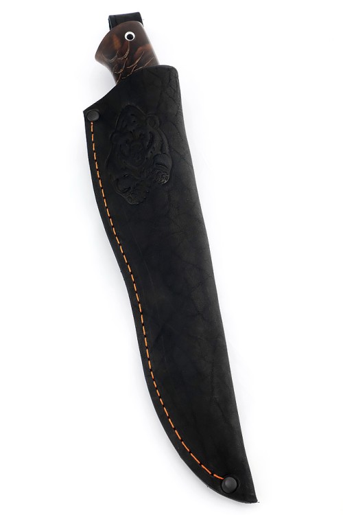 Нож Перун сталь дамаск фигурные долы, рукоять шишка в акриле коричневая 