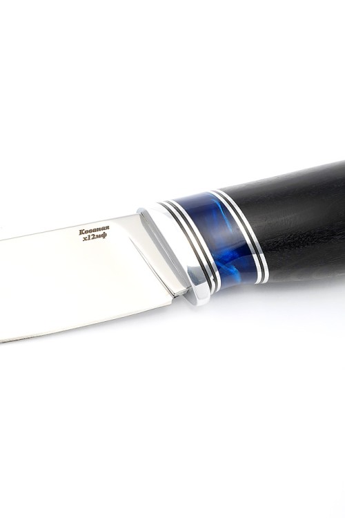 Нож Елец кованая сталь х12мф рукоять вставка акрил синий, черный граб 