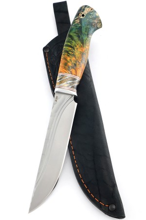 Нож Перун сталь К340 фигурные долы, рукоять вставка зуб мамонта, кап клена оранжево-зеленый