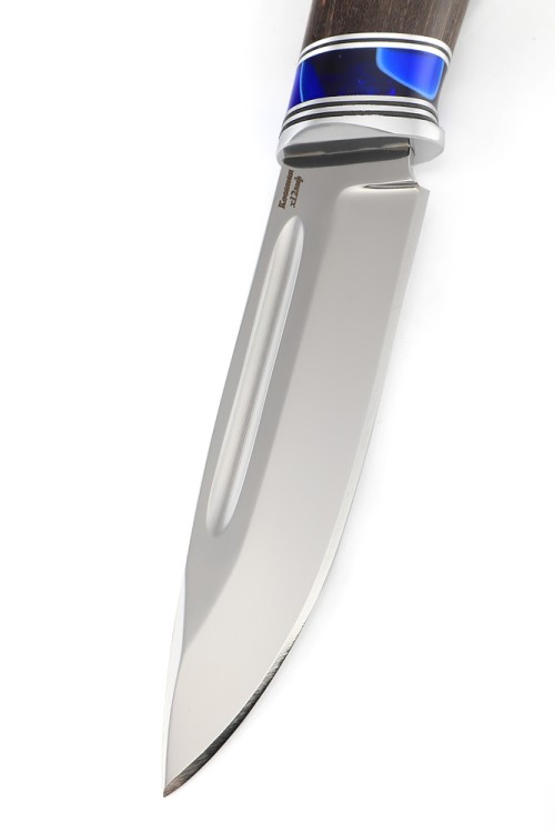 Нож Пеленгас сталь кованая х12мф рукоять вставка акрил синий, карельская береза коричневая 