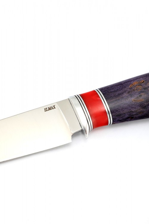 Нож Клык сталь ELMAX  рукоять красный акрил стабилизированная карельская береза фиолетовая 