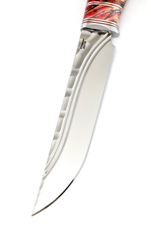 Нож Перун сталь 95х18 фигурные долы, рукоять вставка зуб мамонта, кап клена красно-синий 