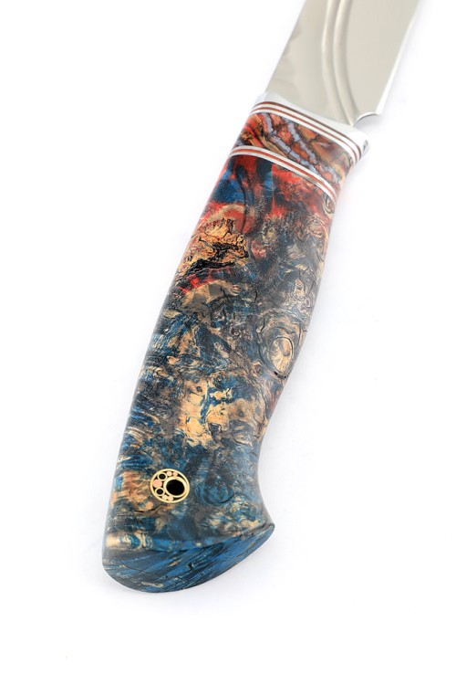 Нож Перун сталь 95х18 фигурные долы, рукоять вставка зуб мамонта, кап клена красно-синий 