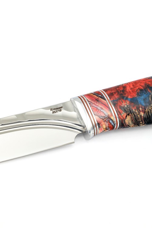 Нож Перун сталь 95х18 фигурные долы, рукоять вставка зуб мамонта, кап клена красно-синий 