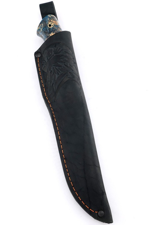 Нож Перун сталь 95х18 фигурные долы, рукоять вставка зуб мамонта, кап клена красно-синий 